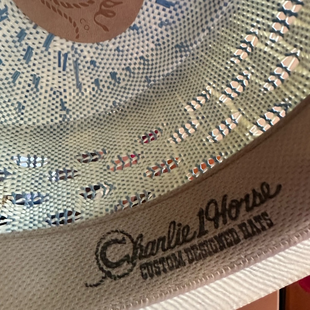 Cream and Blue Patterned Straw Hat - Picture 2 of 6